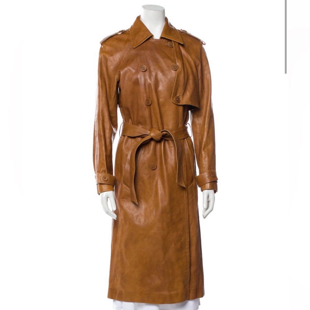 Plein Sud Cognac Leather Trench Coat with Tie Belt